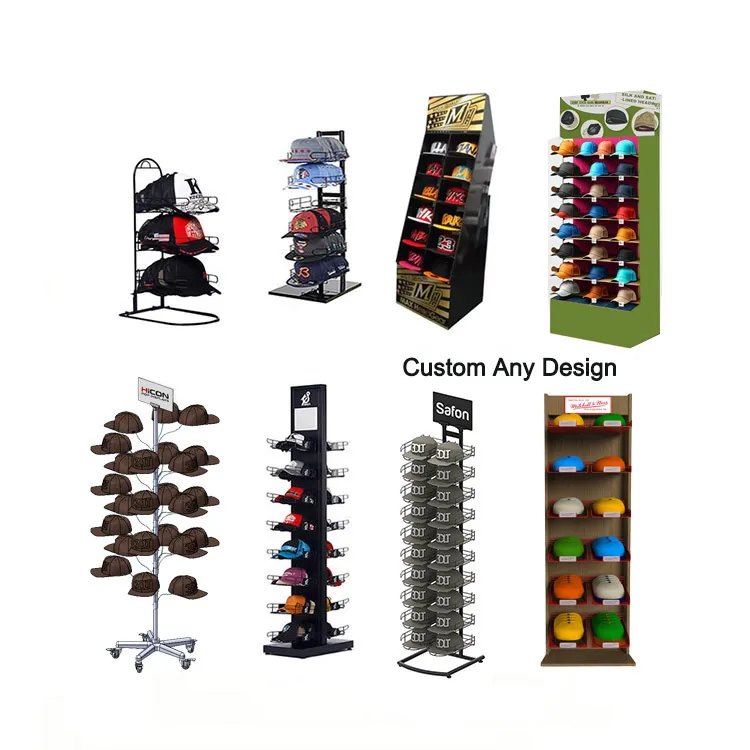 Retail Wood Metal Floor Standing Commercial Cardboard Baseball Cowboy Cap Hat Display Rack Stand For Retail Stores