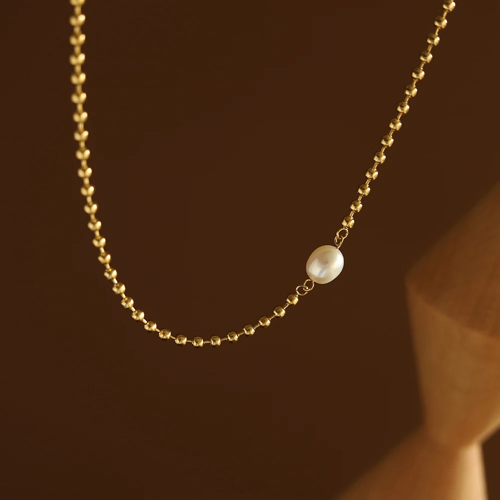 Minimalist Jewelry 18k Gold Plated Stainless Steel Balled Chain with Freshwater Pearl Pendant Necklace