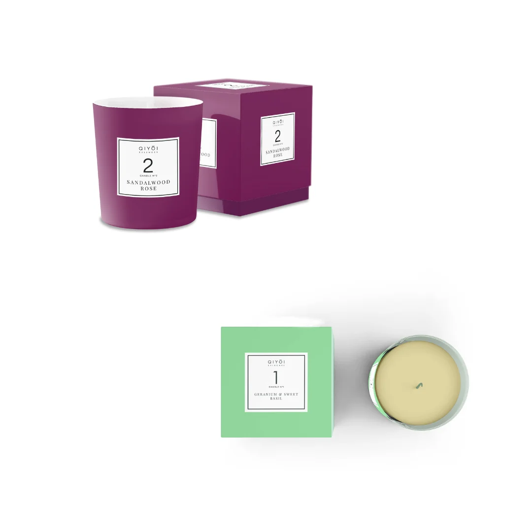 Top Quality QIYOI pack of two scented  candles geranium and sweet basil and sandalwood for aromatherapy and home fragance  500gr