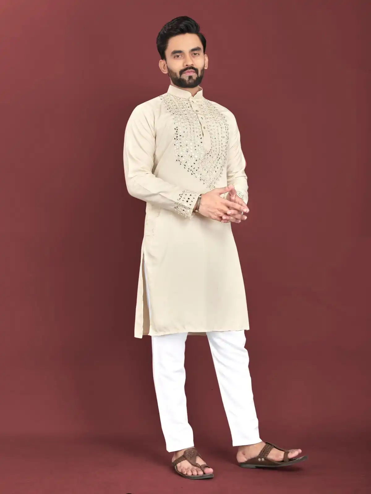 INDIAN MEN KURTA PAJAMA WITH REAL MIRROR HANDWORK DESIGN ON NECK & SLEEVE