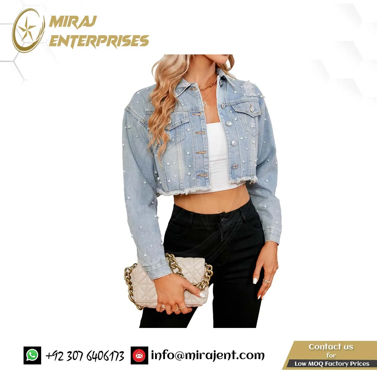 Women Cropped Rhinestones breathable Denim Jacket Long Sleeve Distressed Pearl Jean Jacket Coats