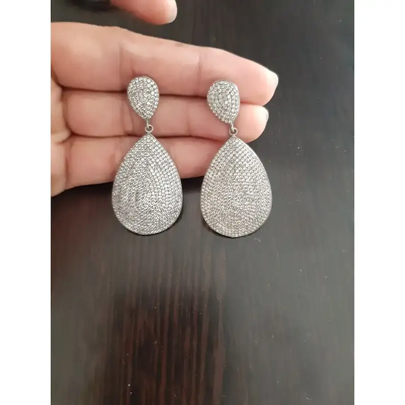 925 Sterling Silver Dangle Earring White Topaz Gemstone Vintage Jewelry Pave Setting Black Oxidized