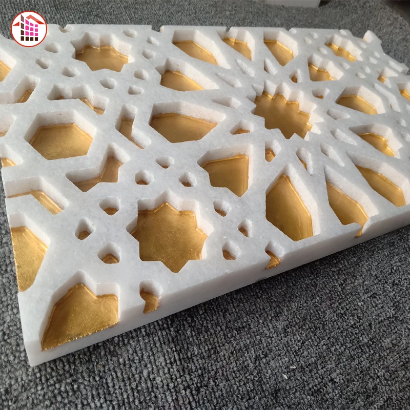carved marble filled with 24K gold Hot Sell Wall Inlay Thassos White marble Daisy Waterjet Material real gold Metal