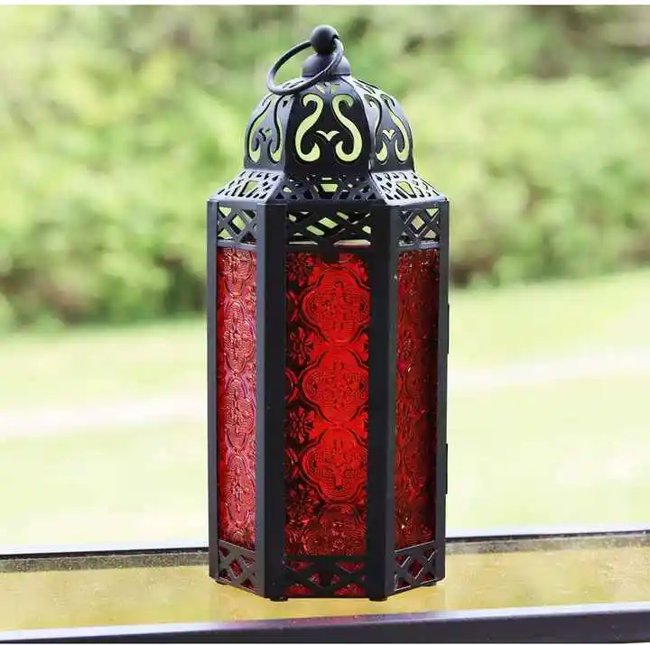 Moroccan Style Lantern Gold Purple Glass Decorative Candle Lantern Moroccan Lanterns Vintage Golden Metal Holder 2023 Handmade