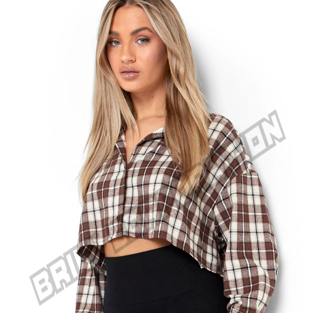Ladies Flannel Crop Shirt | 100% Cotton Plaid Flannel Casual Outdoor Long Sleeve Crop Shirt For Ladies Adult Girls Custom Logo