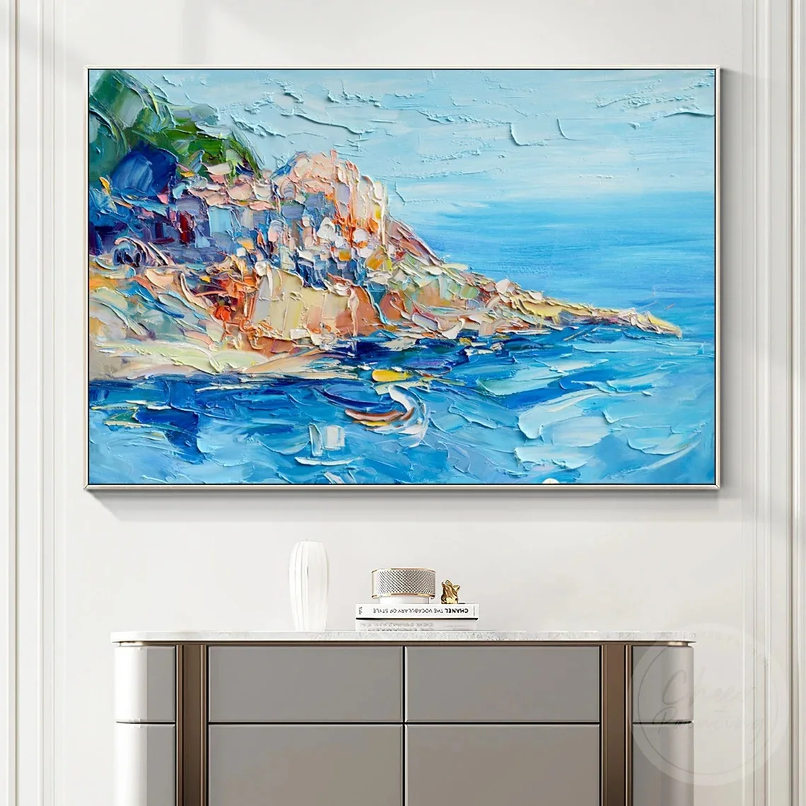 Seascape Knife Heavy Texture Painting Oil Painting Blue Sky Ocean Framed Wall Art