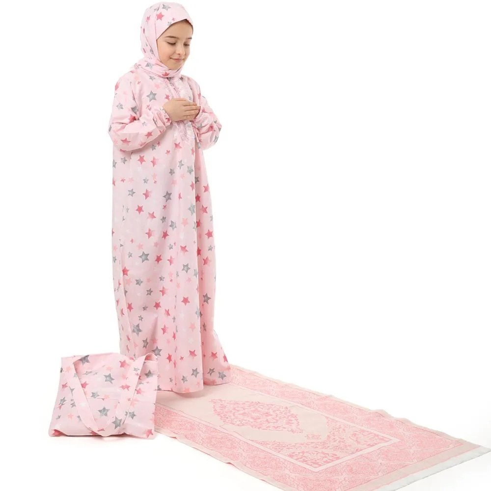 Islamic Clothing Girls Abaya for Children Child Hijab Muslim Prayer Dress Set with Bag and Prayer Mat for Kids Worship Set