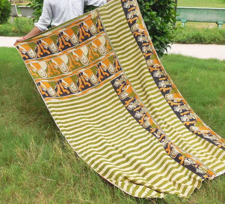 Cotton Kantha Quilt Printed Indian Handmade Vintage Kantha Quilt Hand Stitching Indian Reversible Kantha Quilts