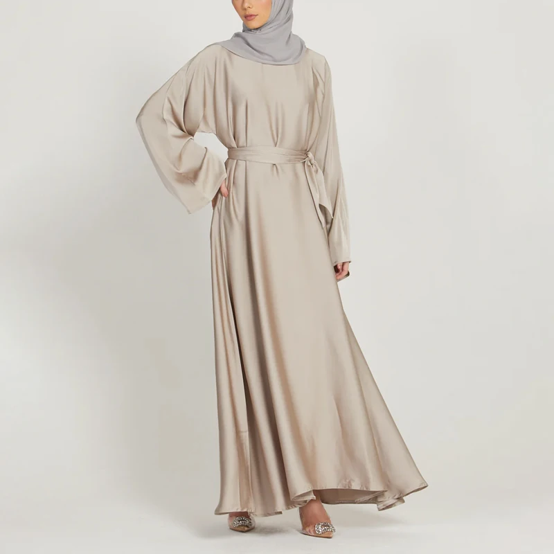 Custom Abaya Femmes Robe Musulmane Crew Neck Solid Color Women Maxi Dress Ladies Satin Muslim Long Dress Islamic Clothing