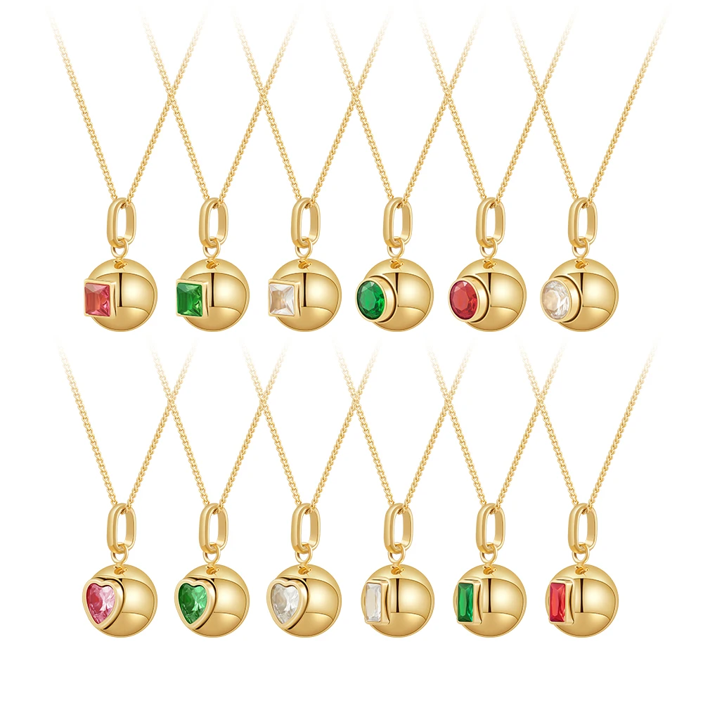 18K Gold Plated Stainless Steel Jewelry Colored Square Rectangle Heart Zircon Circle Ball Pendant For Women Necklace P243450