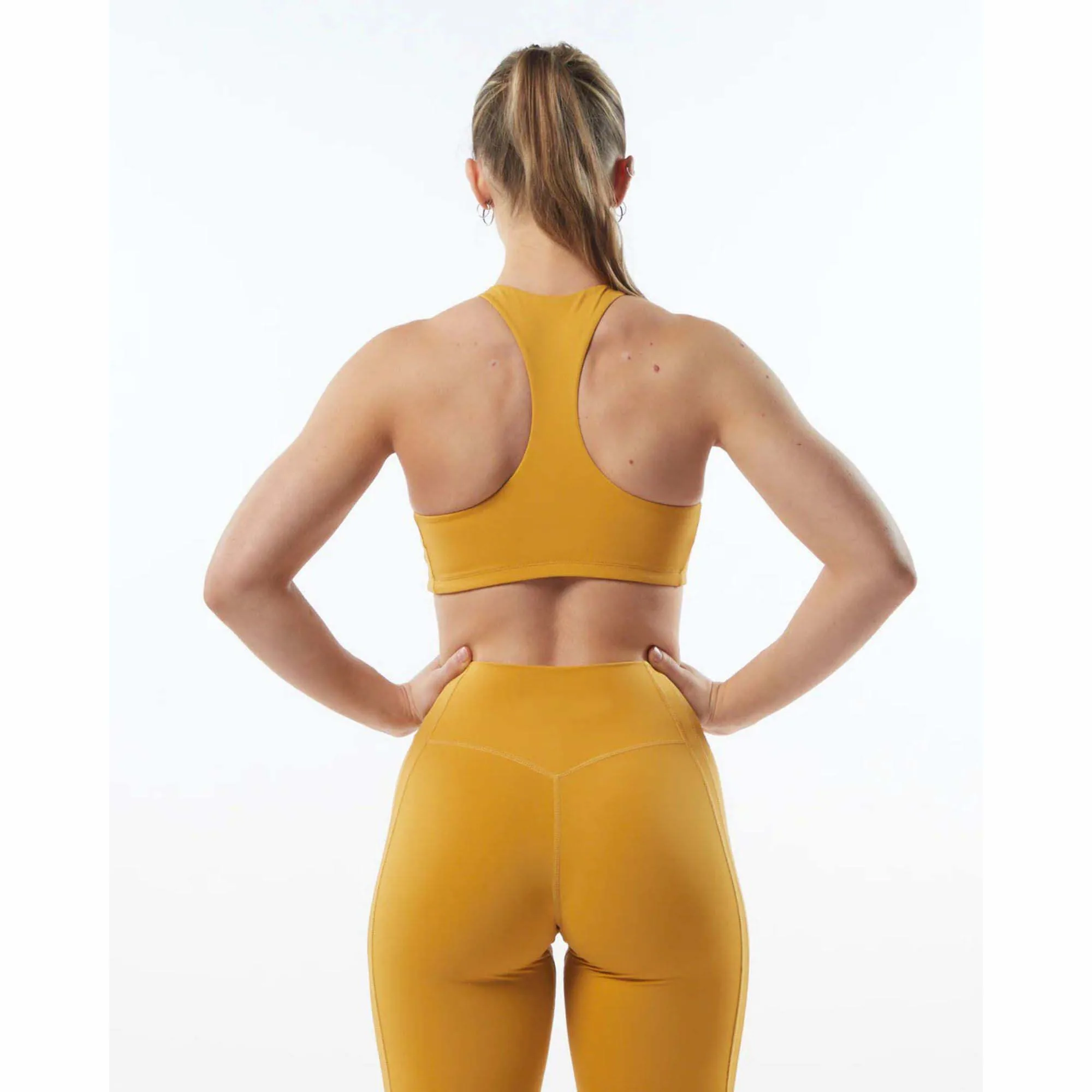 78%Nylon22%High Neck Style Fit Racer Back Bindingless Hem Womens Breathable Medium-Support One Piece Exotic Yellow Sports Bra