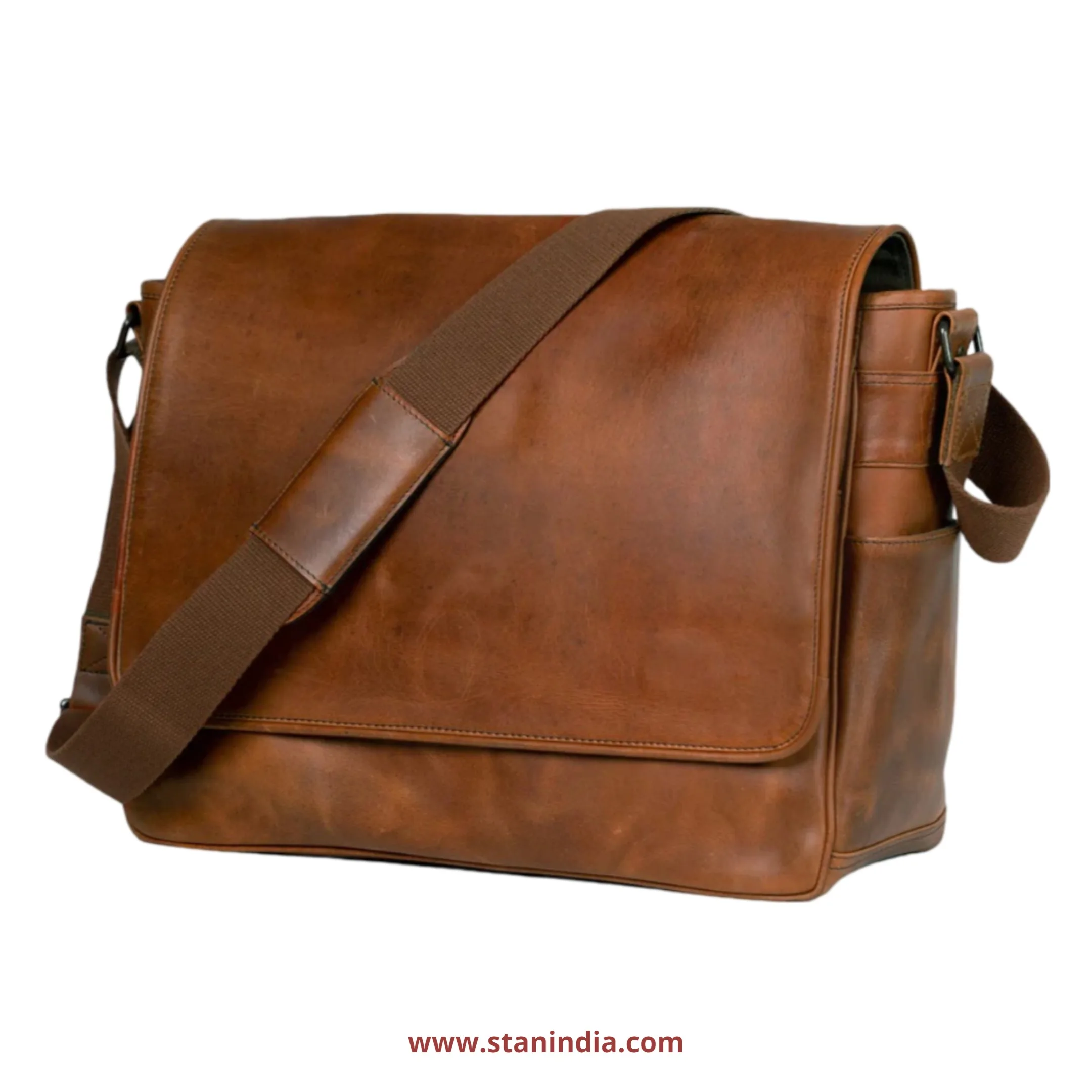 Vintage Crazy Horse Genuine Leather Crossbody Messenger Bag Men Stylish Trolley Sleeve Adjustable Strap Zipper Flap Closure Logo