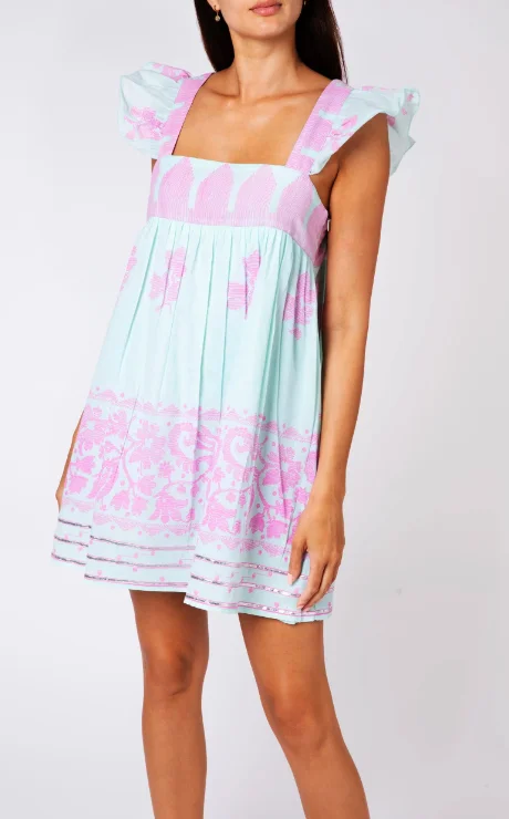 Relax Women Sea Breeze Dhaka Print Baby Doll Dress In Aqua & Pink Perfect Summer Cute Girls Fun Mini Sundress