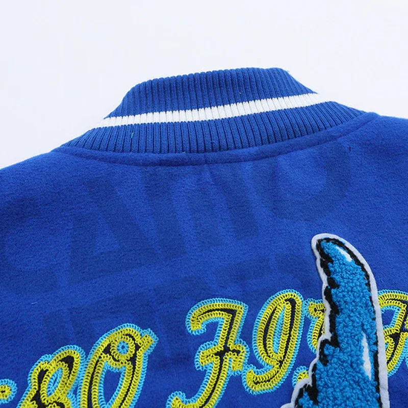 Custom New American Style High Quality Blue Color Embroidered Text Patch Oversize Unisex 100% Cruelty Free Varsity Jacket