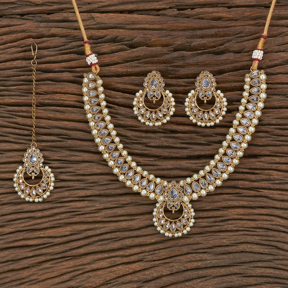 Antique Reverse Ad Stone Moti Necklace Set With Mehndi Plating 217298 Dealing in Large Scale