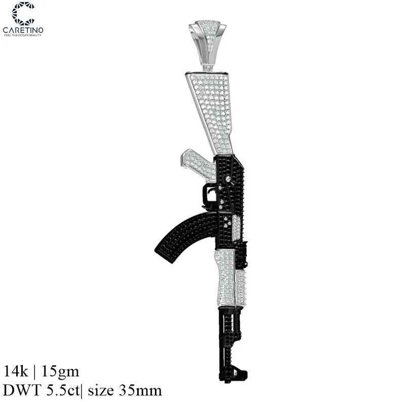 Hip Hop AK 47 Machine Gun Pendant 925 Sterling Silver 7.45 Ct Round White And Black Cubic Zirconia Diamond