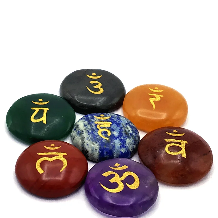 7 Chakra Crystal Set with Sanskrit Engravings Heart and Gift Shaped Palmstone for Healing Reiki