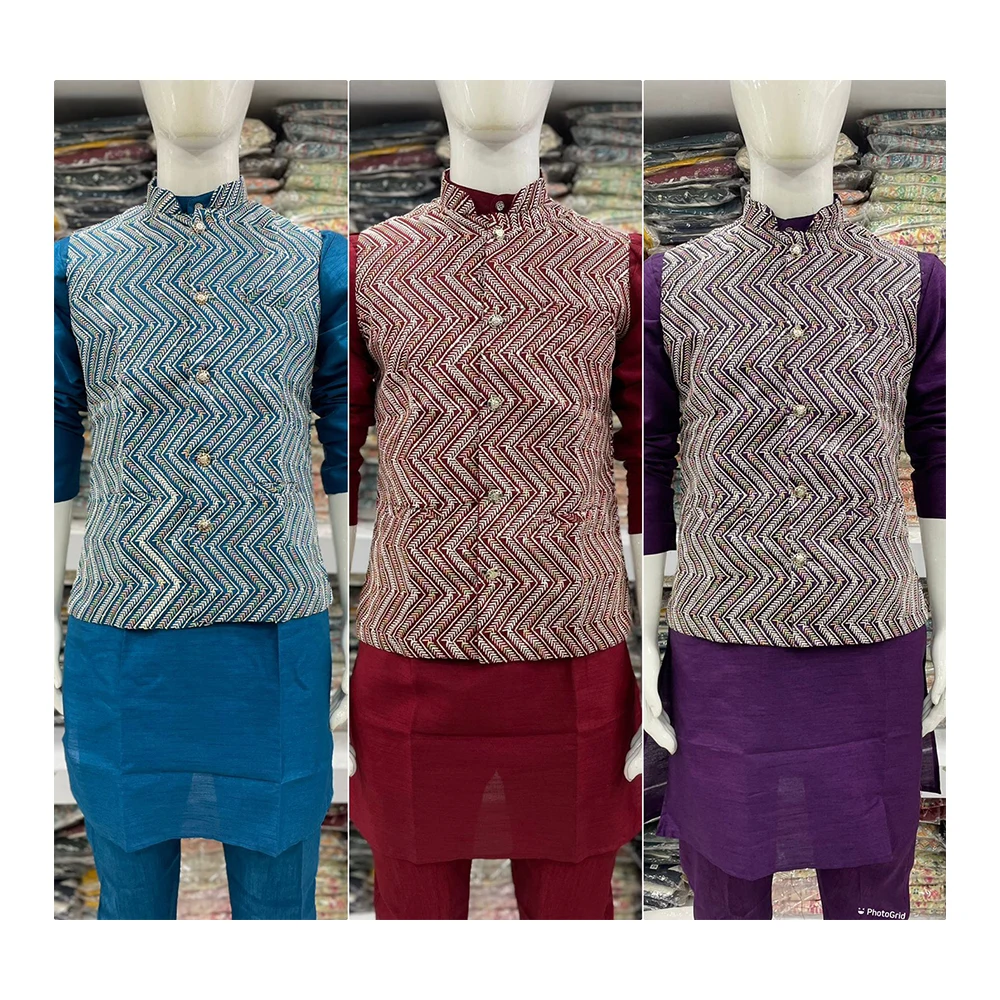 Indian Traditional Party Wear Heavy Banglori Silk with inner in kurta With Pajama & koti Jacket For Mens Wholesale Rate