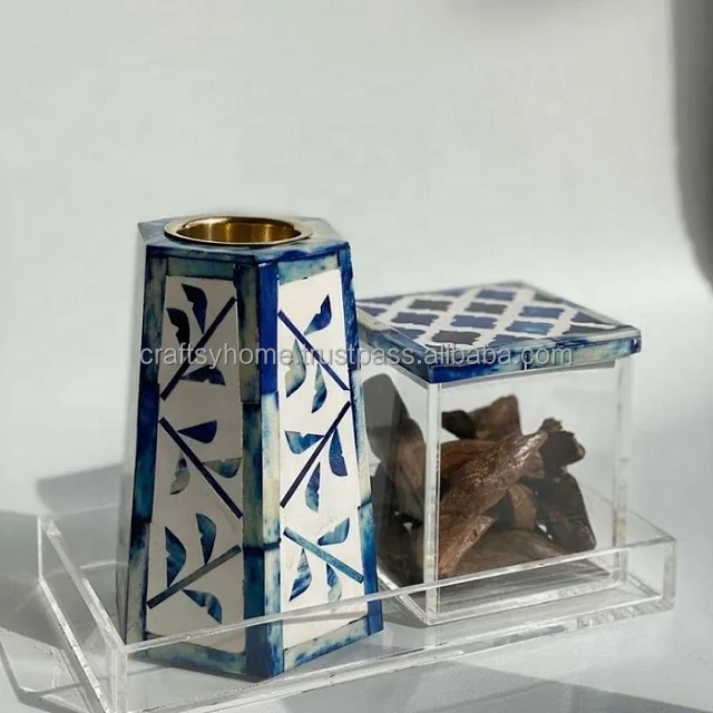 Hot Selling Full Tray Incense Burner Set Wood Acrylic Bakhoor Burner with Box at Very Cheap Price with Bone Inlay for Table