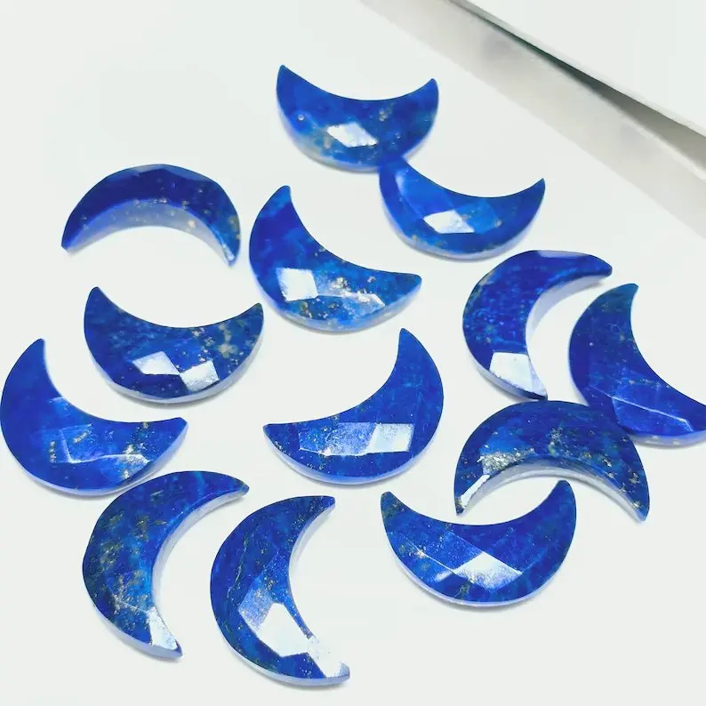 Blue Lapis Lazuli Hand Carved Moon Shape Briolette Faceted Silver Crystal Crescent Moon Natural Gemstone for Jewelry Bulk Supply