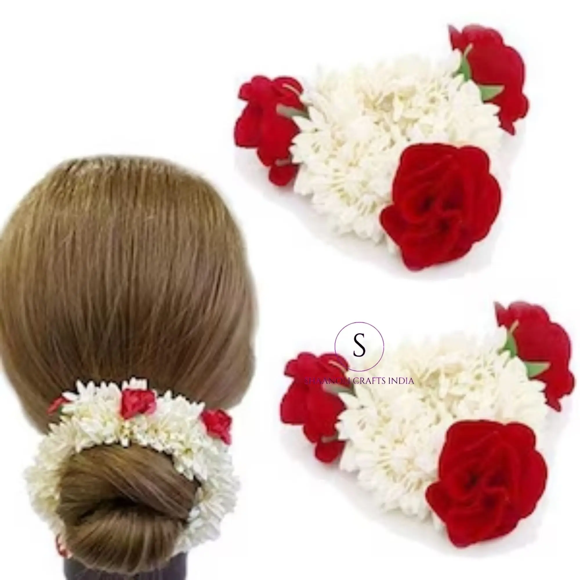 Red and White Gajra Hair Mogra Scented Rubber Band Flower Gajra Hair Accessories for Women With White Flowers and Red Rose Band