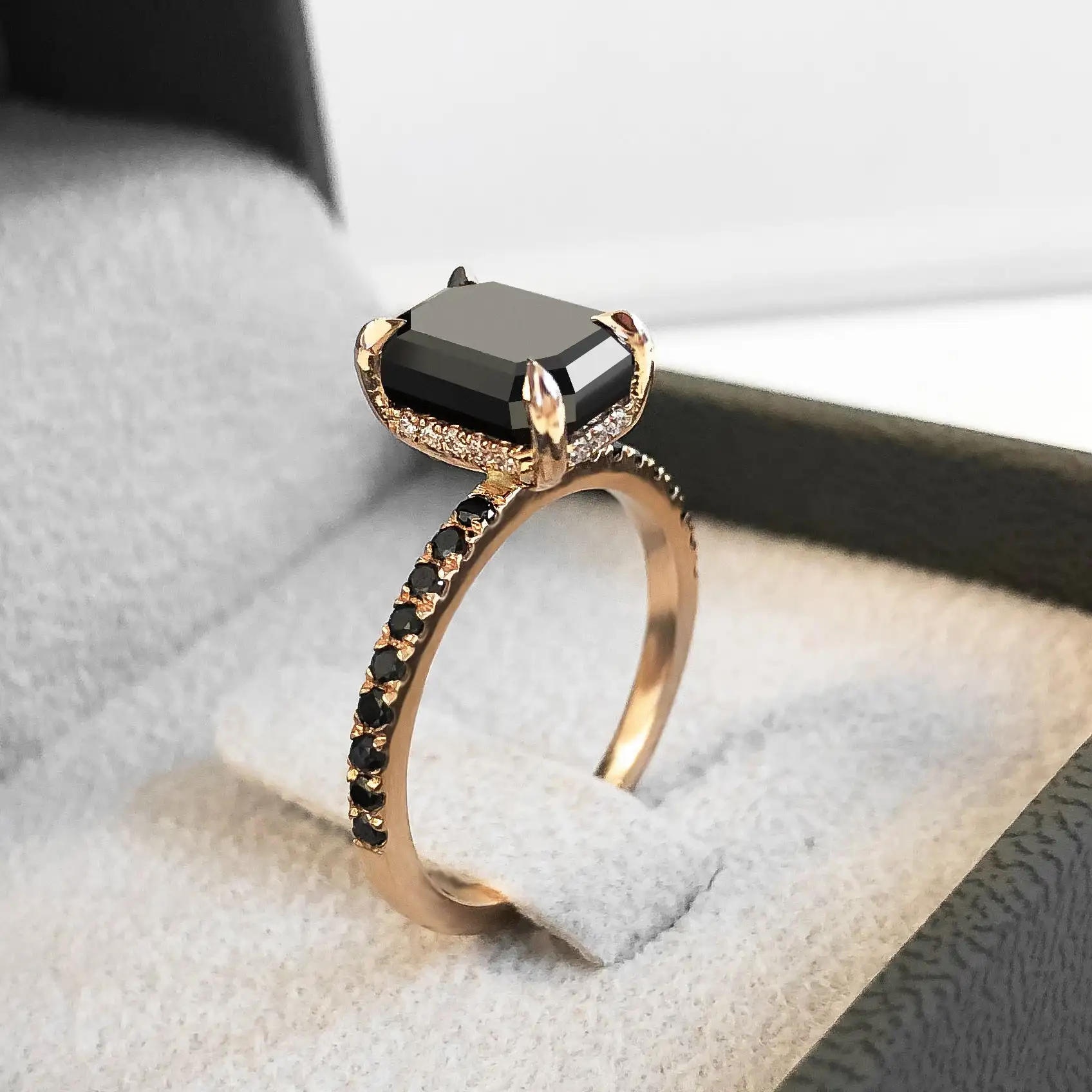 UNIQUE 3.05 Carat Black Diamond Engagement Ring Emerald Cut Set in Rose Gold with White Gold Classic Style Wedding Party Gift