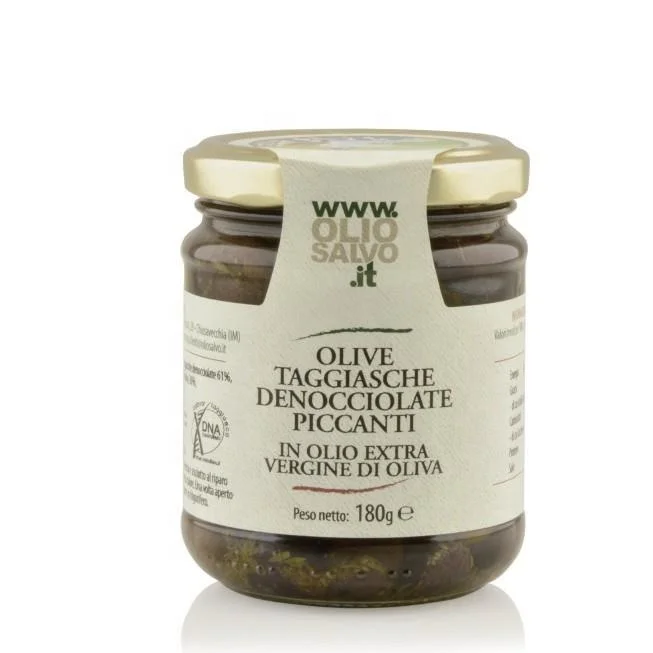 PITTED SPICY TAGGIASCA OLIVES DNA Certified Olives in extra Virgin Olive Oil With RED CHILLI As Antipasto or  Ingredient 180 g
