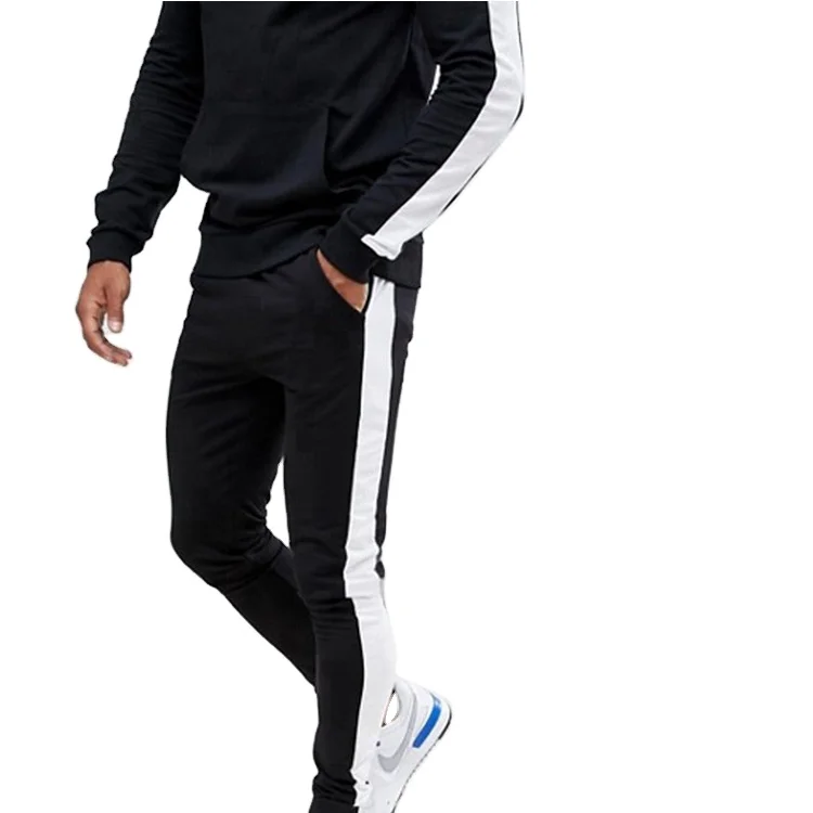 Design Your Own Two Piece Track Suit Men Fitted Black With Side White Stripe Tracksuit with high quality fabric and custom color
