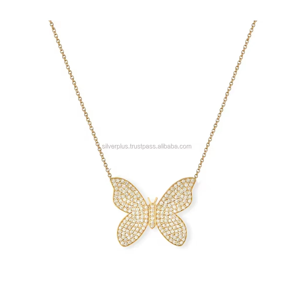Trendy Design Solid 14K Rose Gold Natural SI Clarity G-H Color Pave Diamond Butterfly Pendant Necklace Manufacturer From India