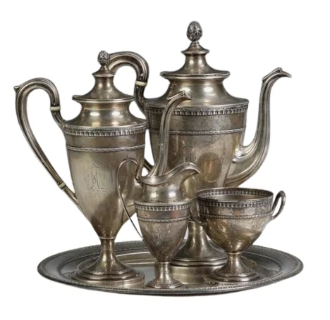 Silver Ottoman Trim Wedding Gift Kitchen Tabletop Teapot Serving Tea Wooden Handle Metal Turkish Coffee Pot Set Turkish Tea Set