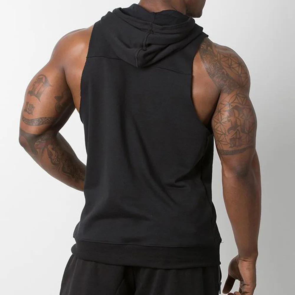 2024 Wholesale Bulk Men Gym Wear Stringer Hoodie Blank Sweatshirt Mens Sleeveless Workout Base Layer Kangaroo Pockets Hoodies