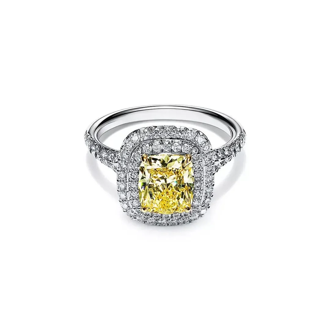 Buy Cushion Cut Yellow Diamond Halo Ring with Solid Gold Metal Trendy Style Diamond Halo Ring For Sale By Exporters