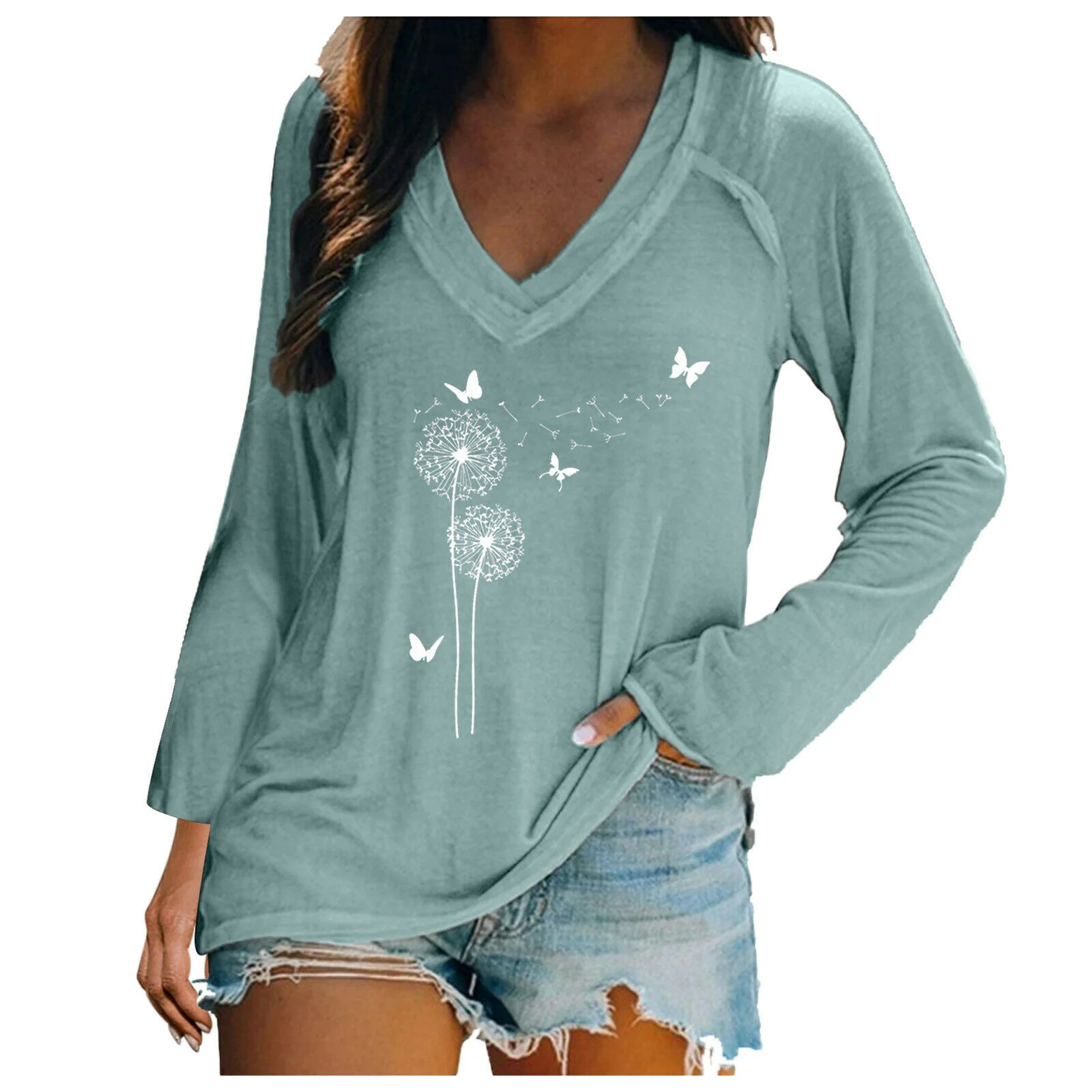 Latest 3d Digital Printed Women Casual V Neck Long Sleeve Casual T-Shirt Tops at Wholesale