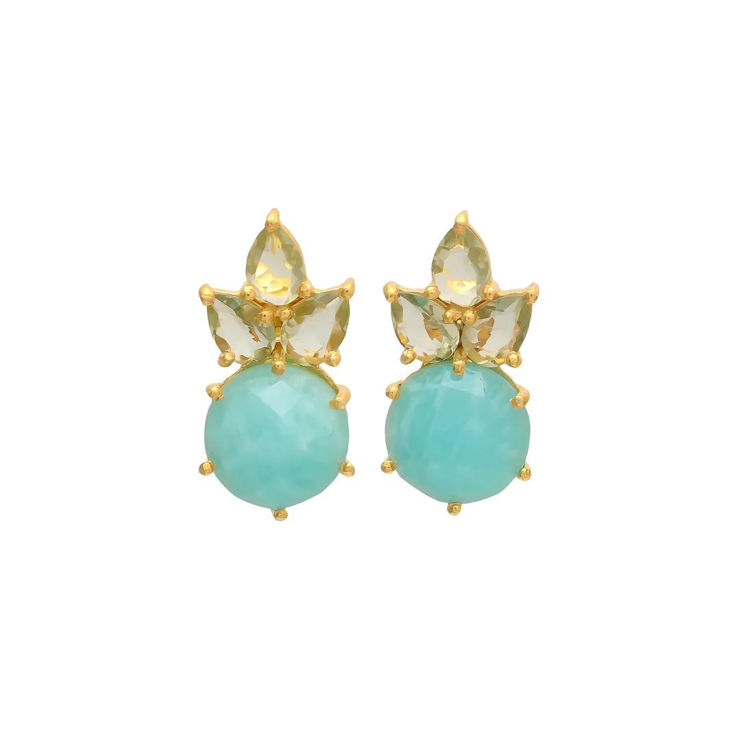 NEW ARRIVAL AQAU CHALCEDONY AND GREEN AMETHYST HYDRO GEMSTONE BRASS EARRING 12/7*5 MM ROUND AND PEAR SHAPE  GEMS BRASS EARRING