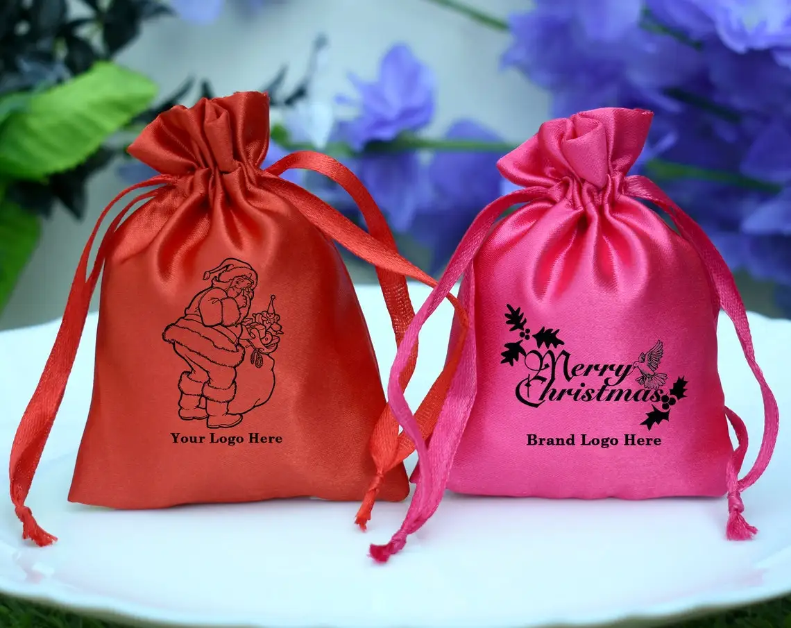 Custom Printed Logo colorful rose gold drawstring satin silk gift packing bag pouch