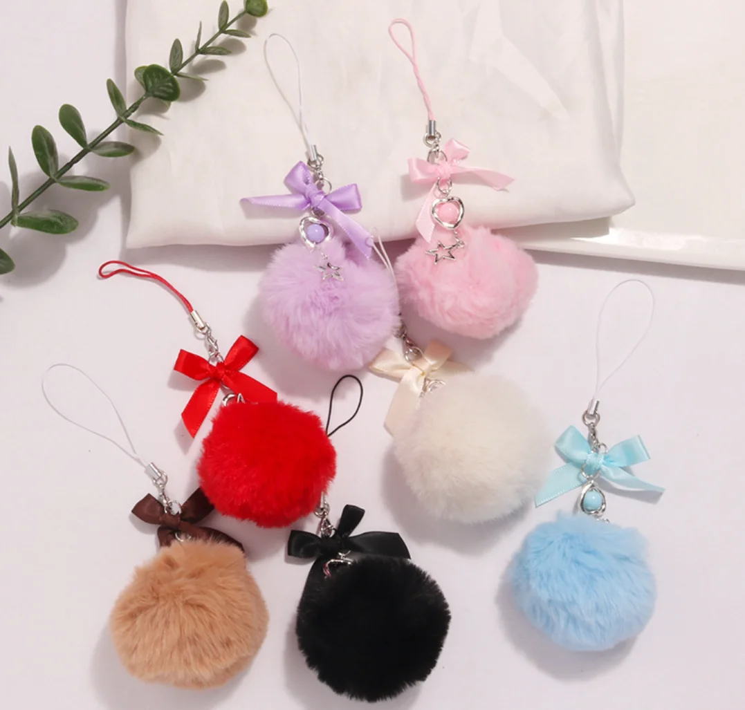 2024 wholesale HOT New Fashion Korean Mink Hair Ball Keytag Bowknot Charming Handbag Pompom Keyfob for Lady