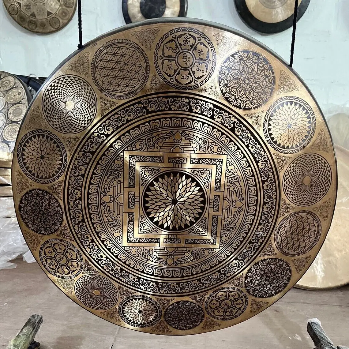 50CM Gong, Mandala Carving Gong, Deep Long Sound Vibrations, Tibetan Handmade Gongs
