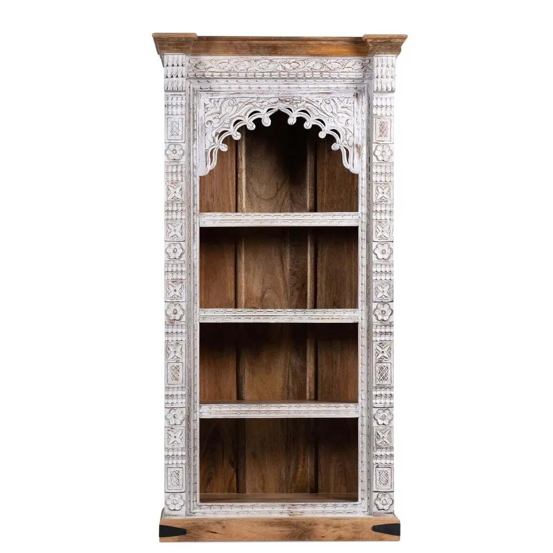 Indian Antique Style Reclaimed Wood Living Room Furniture Four Shelves Carved Bookcase