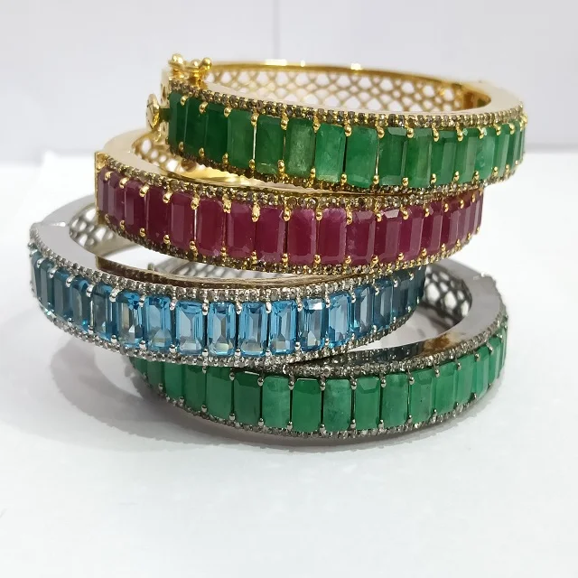 925 Sterling Silver Bengal Natural Emerald & Ruby And Blue Topaz Gemstone Silver And 18k Gold plated With Diamond