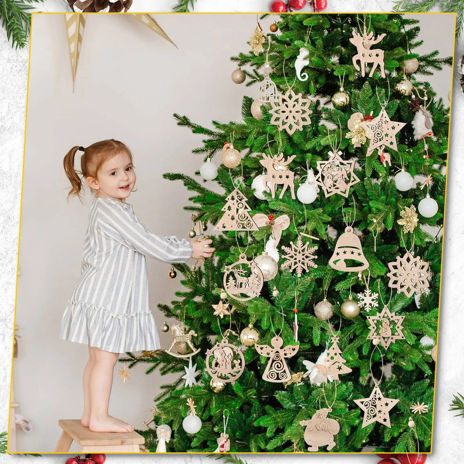 48 PCS Christmas Wooden Ornaments Hanging Ornaments with Beads Wood Snowflakes Crafts  for Christmas Tree Painting DIY Craft