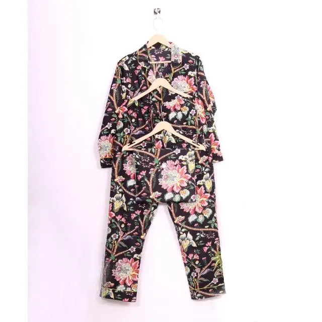 Beautiful Black Pajama Set, Summer Wear Dress, Floral Print Dress, Nightwear Pj Set, Block Print Dress, wholesale pajamas