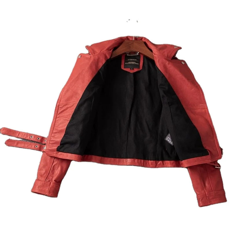 Women short genuine sheep Leather jacket Motor biker slim leather coat red quality tanned sheepskin leather clothing