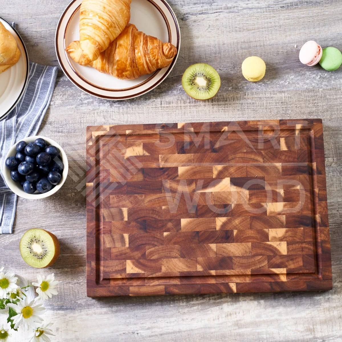 WHOLESALE PRICE FROM SMARTWOOD FACTORY WOODEN RECTANGLE SHAPE ACACIA  END GRAIN RECTANGLE CUTTING BOARD OEM STYLE