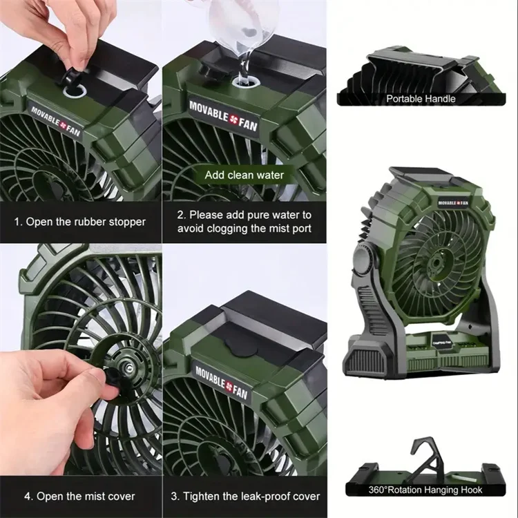 Portable Camping Fan Lantern with RGB Lights 7800mAh Rechargeable Misting Fan with Hook for Tents