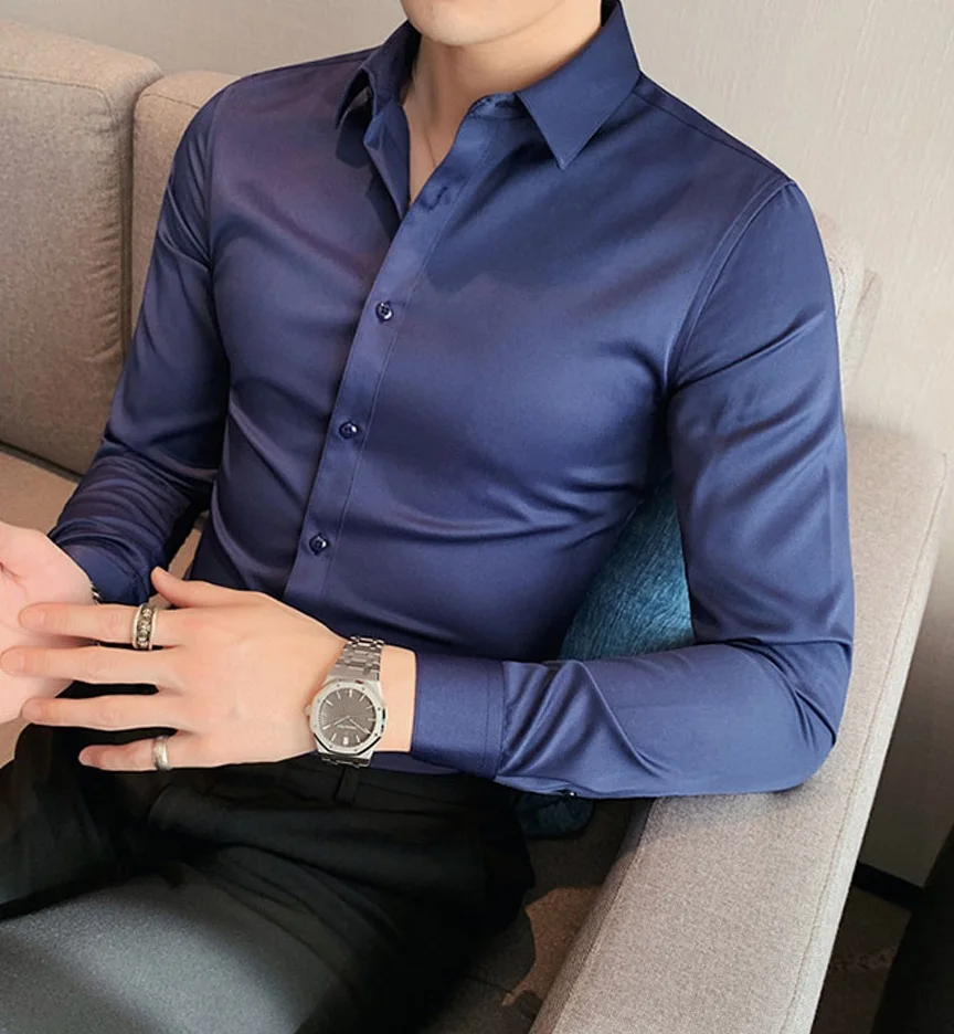 Mens Long Sleeves Shirts top trending silk made smooth Business Work Formal Dress Shirts 100% Cotton Men Custom dress shirt