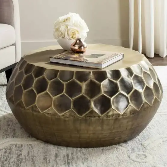 Modern Design Indian Handmade Interior Metal Hammered Round Golden Coffee Table Living Room Customized Color Made in India