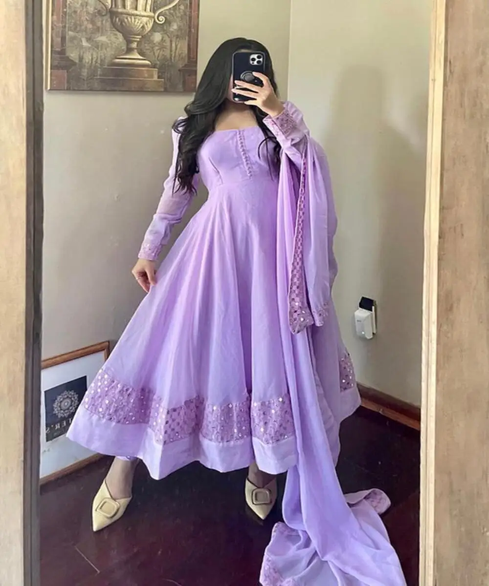 Latest design beautiful orange color embroidery work border long gown with dupatta for Indian women in ethnic garment