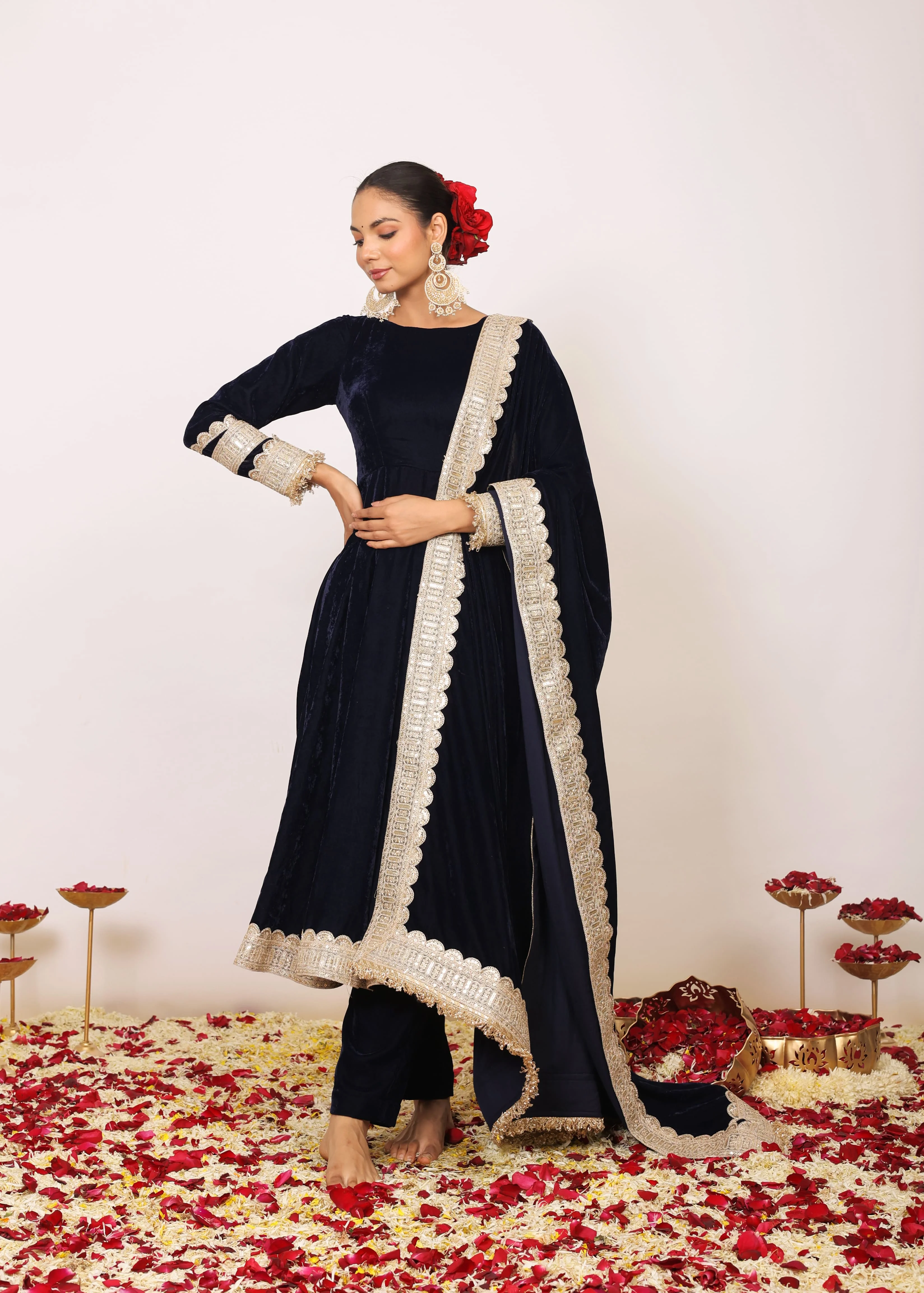 2024 Trending Design Rich Dark Blue Velvet Fabric Adds A Touch Of Reality While The Anarkali Silhouette Exudes Timeless Grace
