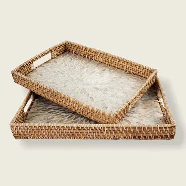 For Home Decor Table High Quality Logo Custom MOTHER OF PEARL RATTAN TRAYS (set of 2) Made In Vietnam