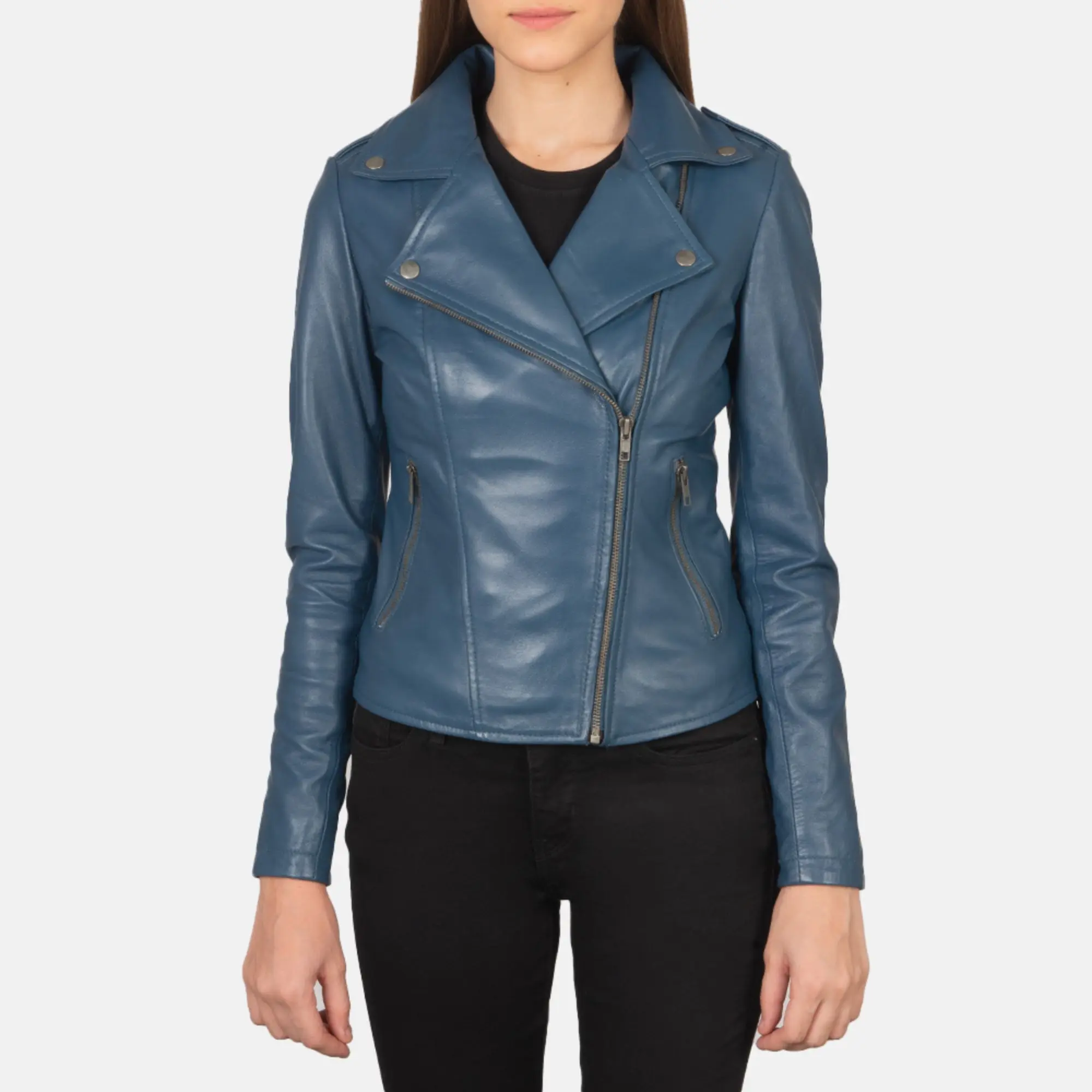 Real Leather Sheepskin Aniline Zipper Flashback Blue Women Biker Jacket with Quilted Viscose Lining and Inside Outside Pockets